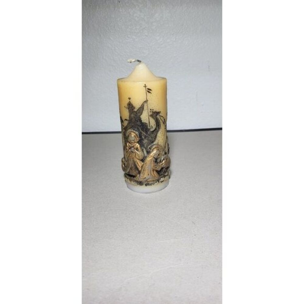 Vintage Holiday Elegance Nativity Three Wise Men Pillar Candle Gold Relief
